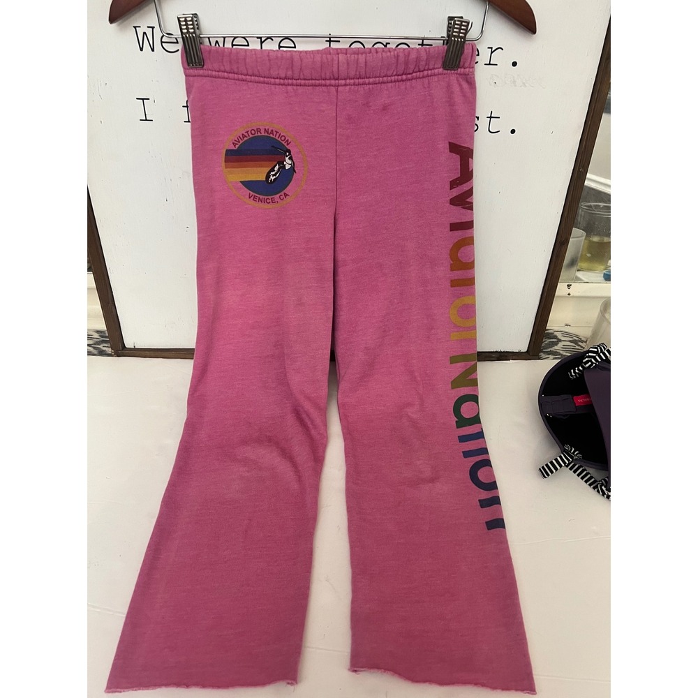Aviator Nation Kids Pink Venice CA Logo Sweatpants Size 8 Rainbow Flare Joggers